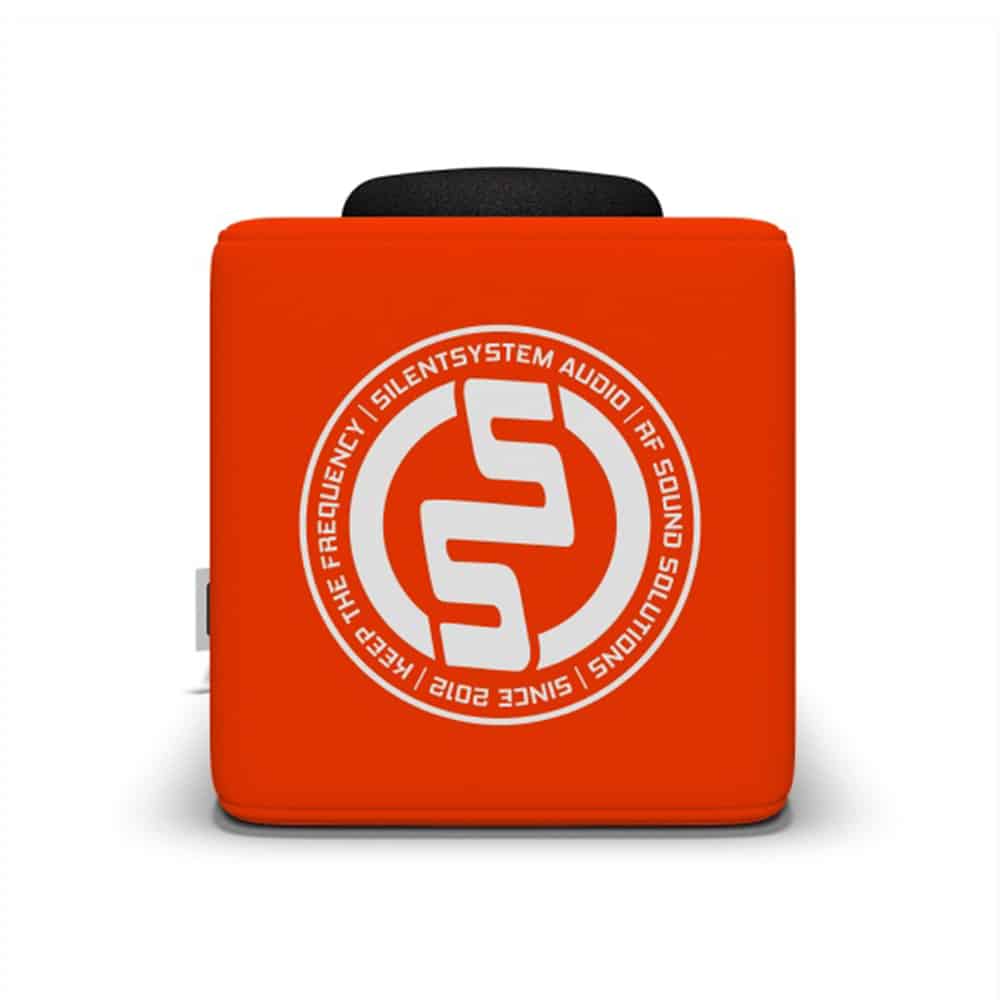 Catchbox naranja con la marca circular de Silentsystem
